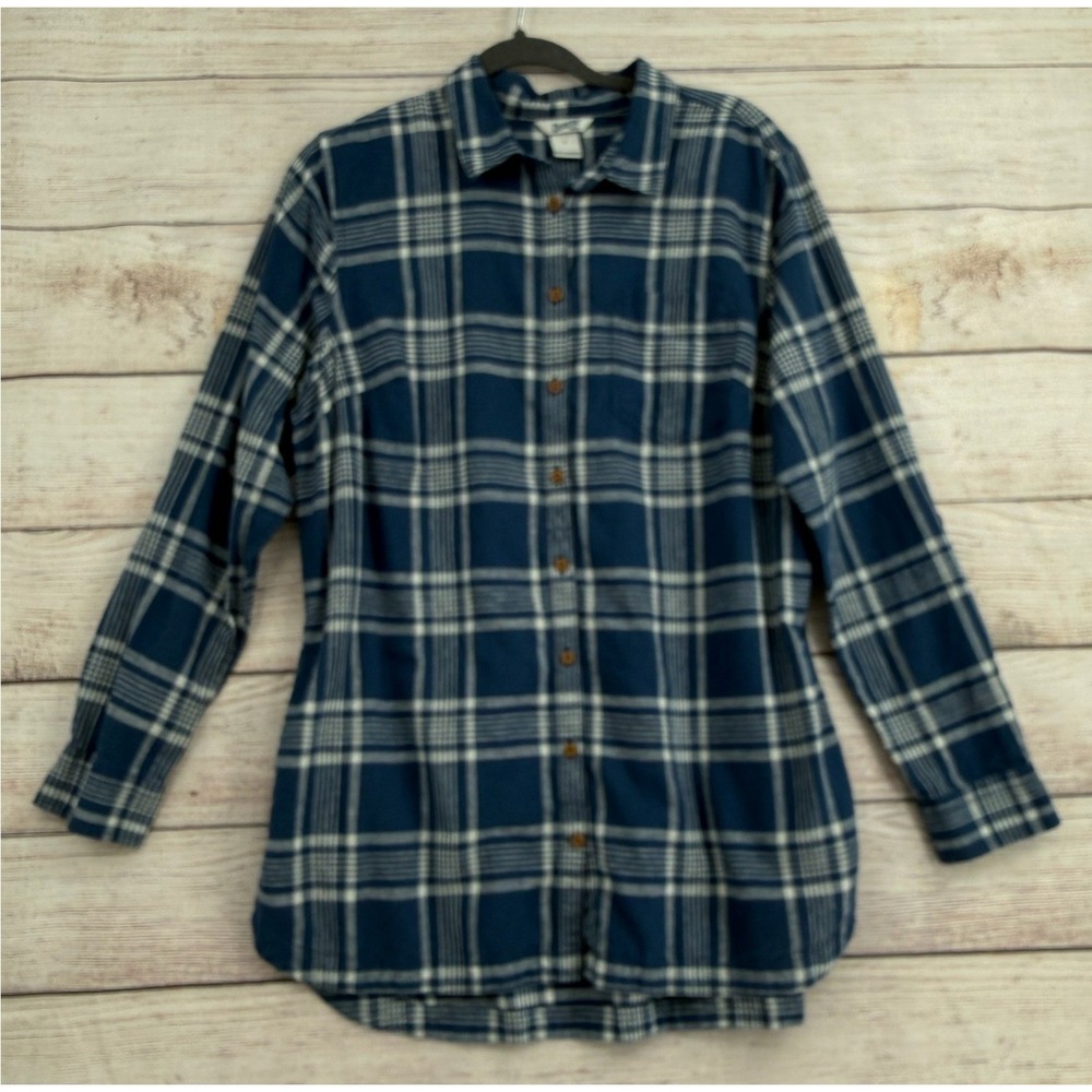 Duluth Trading Co Button Down Women L Blue Plaid Hemp Organic Cotton Shirt